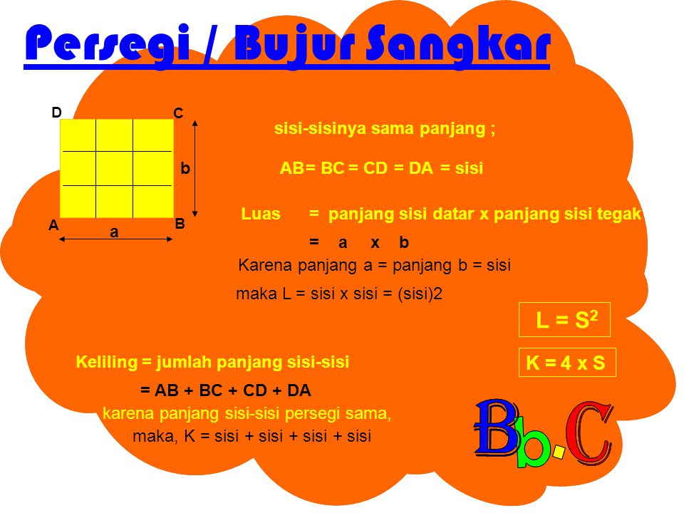 Keliling persegi maka K = sisi + sisi + sisi + sisi K = 4 x S Persegi / Bujur Sangkar sisi-sisinya sama panjang ; B A C D AB= BC= CD= DA Luas= panjang sisi datar Karena panjang a = panjang b = sisi x panjang sisi tegak x b= a a b maka L = sisi x sisi = (sisi)2 L = S 2 Keliling = jumlah panjang sisi-sisi = AB + BC + CD + DA karena panjang sisi-sisi persegi sama, maka, K = sisi + sisi + sisi + sisi = sisi