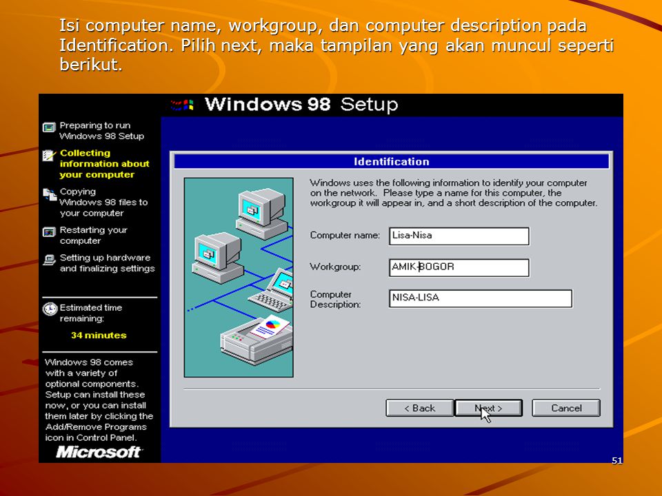 Isi computer name, workgroup, dan computer description pada Identification.