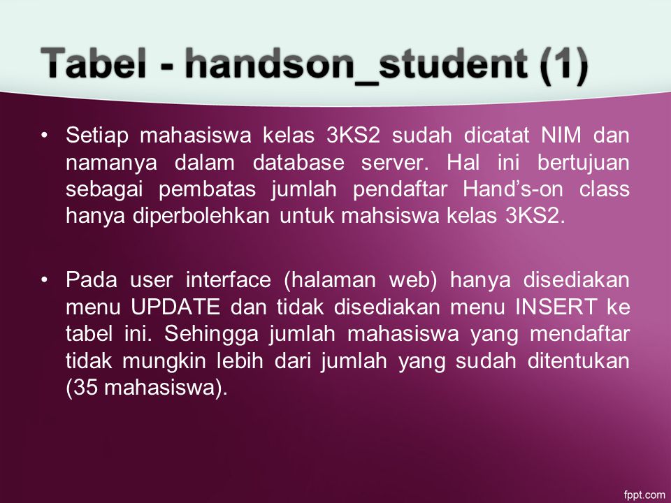 Setiap mahasiswa kelas 3KS2 sudah dicatat NIM dan namanya dalam database server.