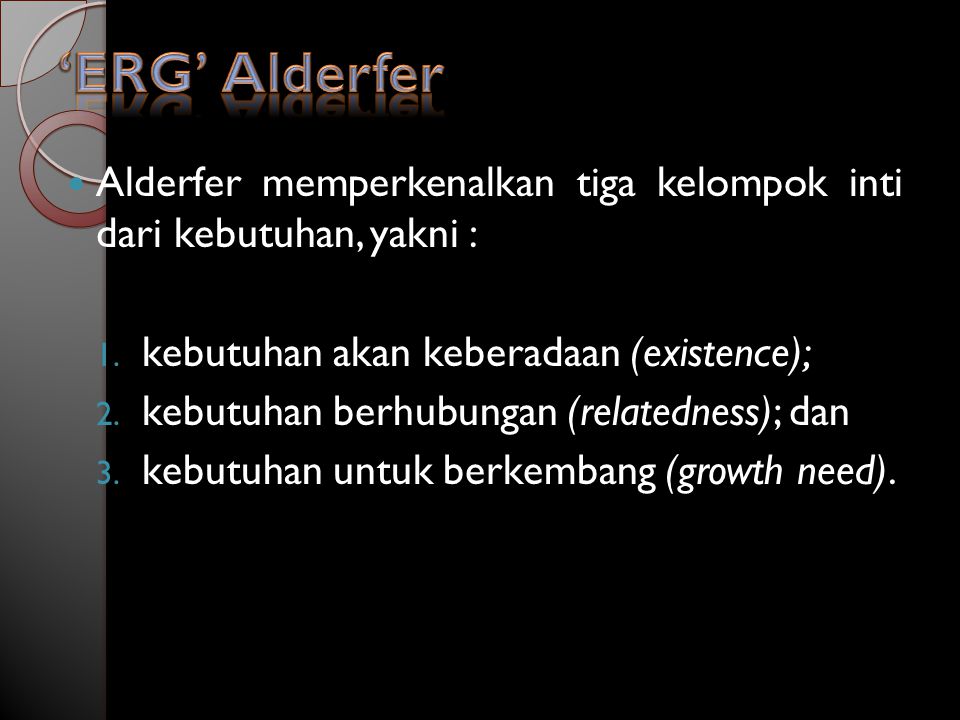 Alderfer memperkenalkan tiga kelompok inti dari kebutuhan, yakni : 1.
