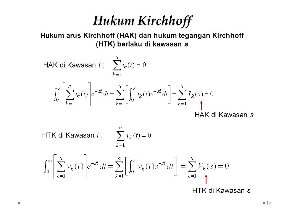 Hukum arus Kirchhoff (HAK) dan hukum tegangan Kirchhoff (HTK) berlaku di kawasan s HAK di Kawasan t : HAK di Kawasan s HTK di Kawasan t : HTK di Kawasan s 14 Hukum Kirchhoff