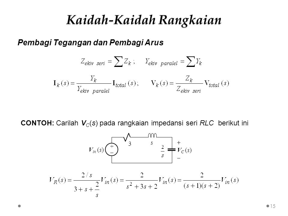Pembagi Tegangan dan Pembagi Arus CONTOH: Carilah V C (s) pada rangkaian impedansi seri RLC berikut ini s 3 ++ + V C (s)  V in (s) 15 Kaidah-Kaidah Rangkaian