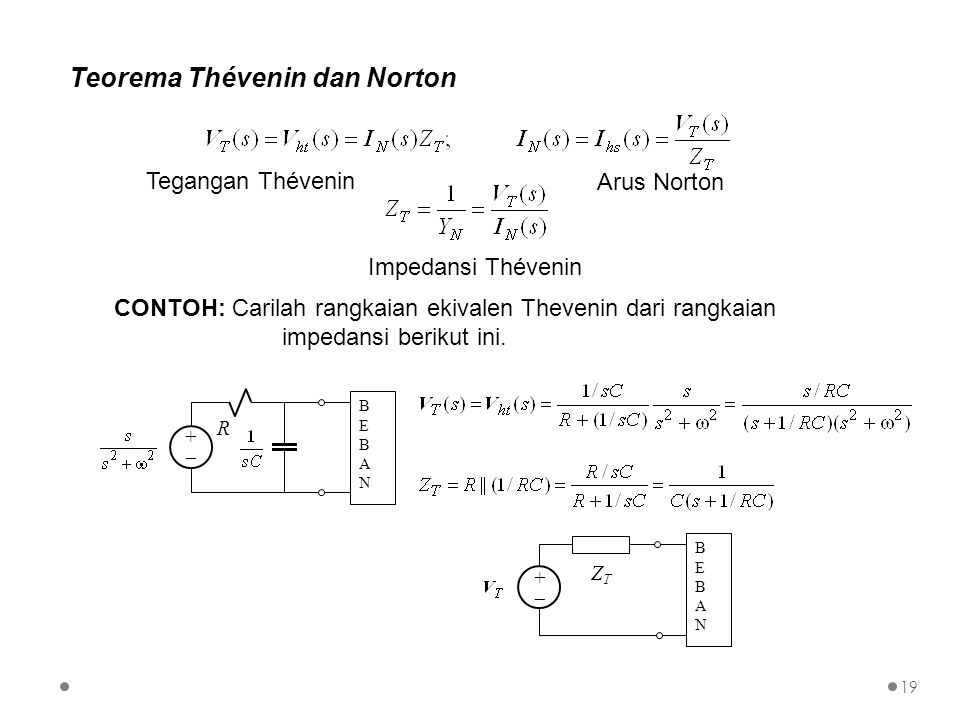 Teorema Thévenin dan Norton CONTOH: Carilah rangkaian ekivalen Thevenin dari rangkaian impedansi berikut ini.