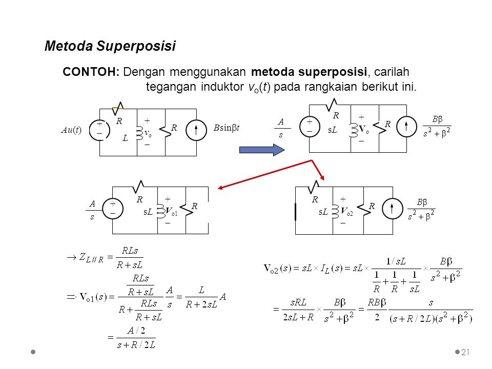 Metoda Superposisi CONTOH: Dengan menggunakan metoda superposisi, carilah tegangan induktor v o (t) pada rangkaian berikut ini.