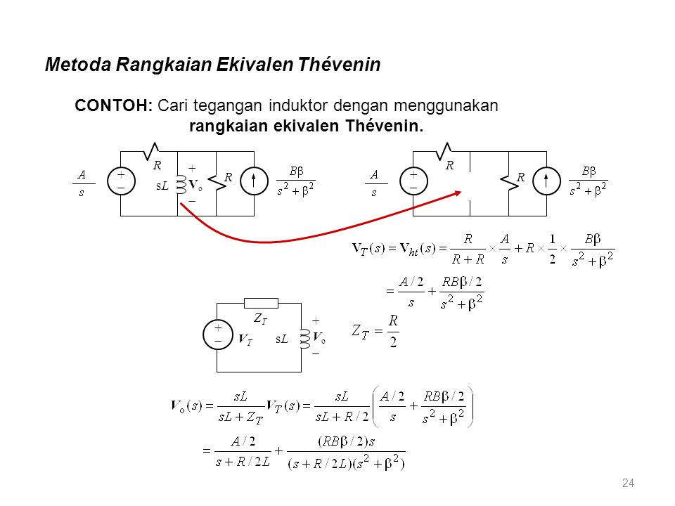 Metoda Rangkaian Ekivalen Thévenin CONTOH: Cari tegangan induktor dengan menggunakan rangkaian ekivalen Thévenin.