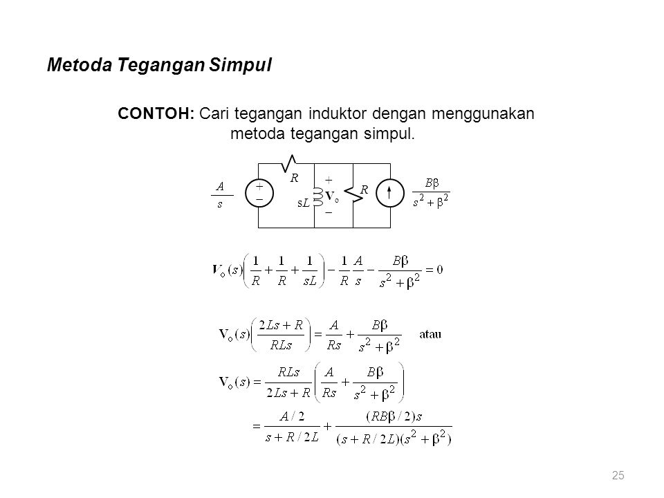 Metoda Tegangan Simpul ++ R sLsL +Vo+Vo R CONTOH: Cari tegangan induktor dengan menggunakan metoda tegangan simpul.
