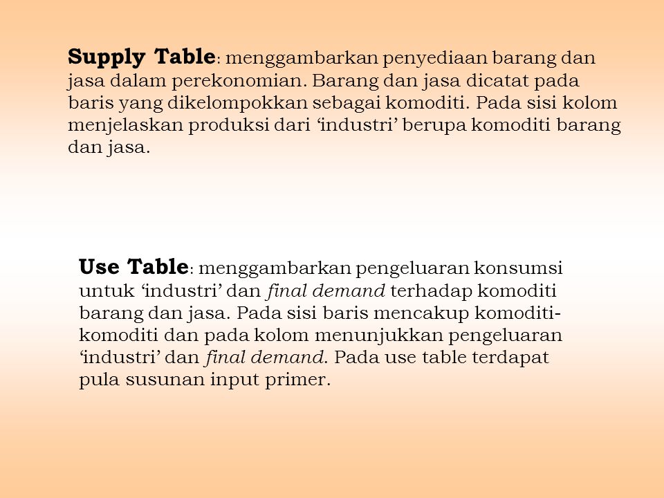 Supply Table : menggambarkan penyediaan barang dan jasa dalam perekonomian.