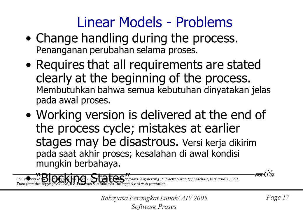 Rekayasa Perangkat Lunak/ AP/ 2005 Software Proses Page 17 Linear Models - Problems Change handling during the process.