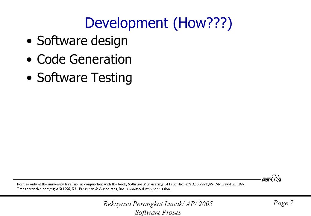 Rekayasa Perangkat Lunak/ AP/ 2005 Software Proses Page 7 Development (How ) Software design Code Generation Software Testing