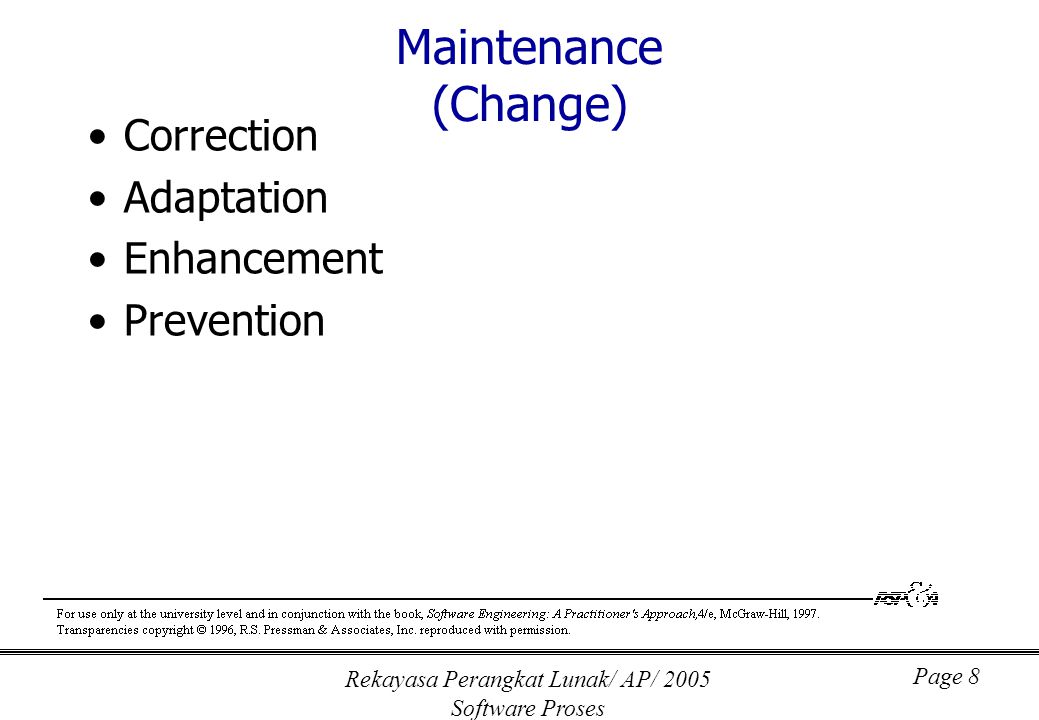 Rekayasa Perangkat Lunak/ AP/ 2005 Software Proses Page 8 Maintenance (Change) Correction Adaptation Enhancement Prevention