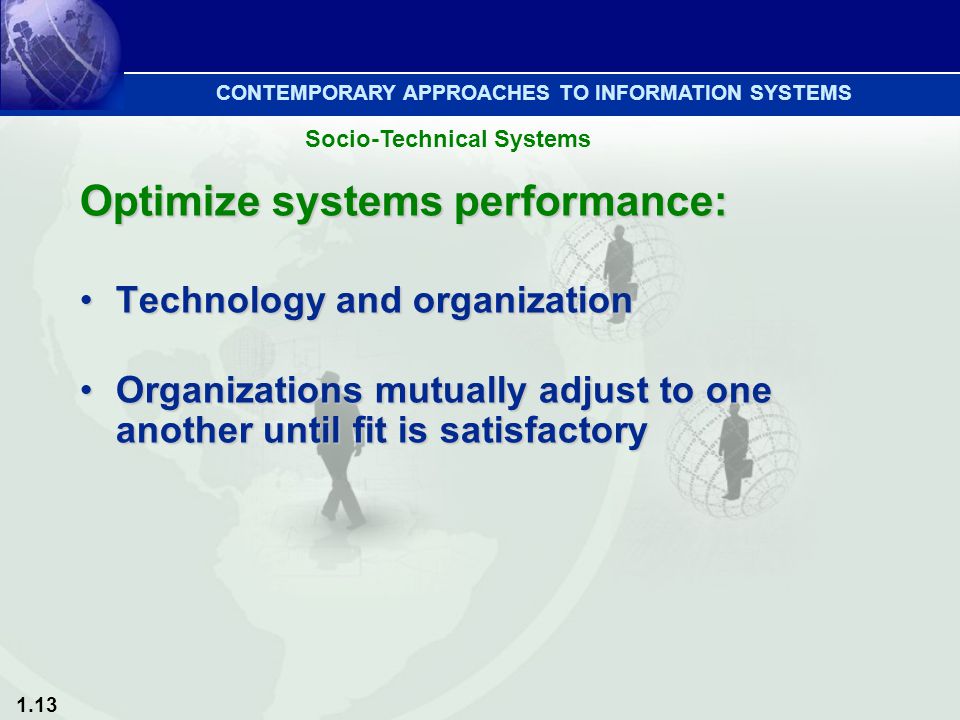 1.13 Optimize systems performance: Technology and organizationTechnology and organization Organizations mutually adjust to one another until fit is satisfactoryOrganizations mutually adjust to one another until fit is satisfactory Socio-Technical Systems CONTEMPORARY APPROACHES TO INFORMATION SYSTEMS
