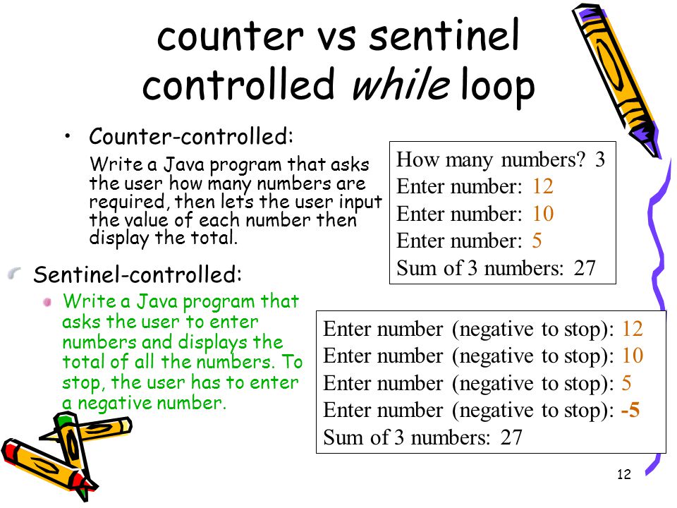 12 counter vs sentinel controlled while loop Counter-controlled: Write a Java program that asks the user how many numbers are required, then lets the user input the value of each number then display the total.
