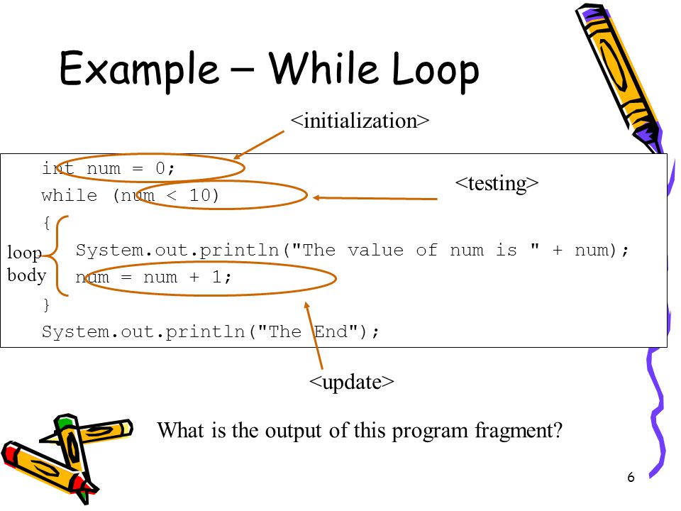 6 Example – While Loop int num = 0; while (num < 10) { System.out.println( The value of num is + num); num = num + 1; } System.out.println( The End ); loop body What is the output of this program fragment