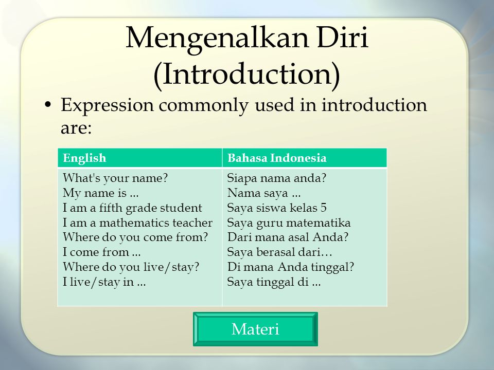 Mengenalkan Diri (Introduction) Expression commonly used in introduction are: Materi EnglishBahasa Indonesia What s your name.