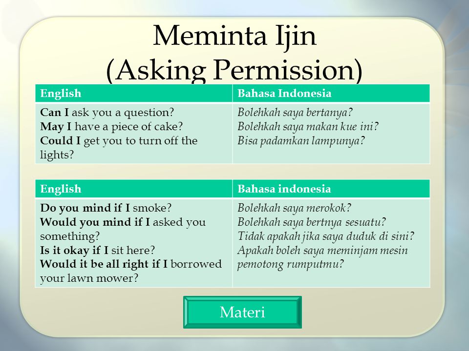 Meminta Ijin (Asking Permission) EnglishBahasa Indonesia Can I ask you a question.