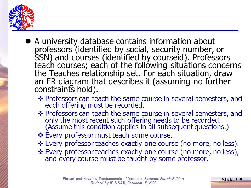 Slide 3-5 Elmasri and Navathe, Fundamentals of Database Systems, Fourth Edition Revised by IB & SAM, Fasilkom UI, 2005 A university database contains information about professors (identified by social, security number, or SSN) and courses (identified by courseid).
