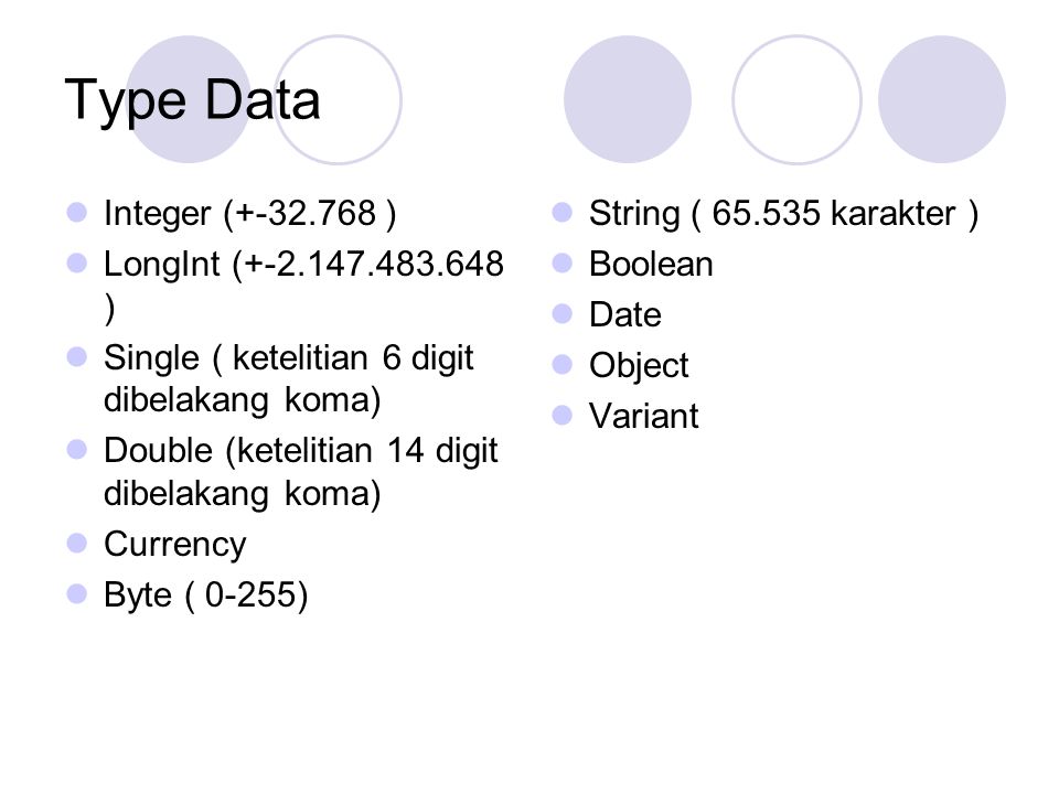 Type Data Integer ( ) LongInt ( ) Single ( ketelitian 6 digit dibelakang koma) Double (ketelitian 14 digit dibelakang koma) Currency Byte ( 0-255) String ( karakter ) Boolean Date Object Variant