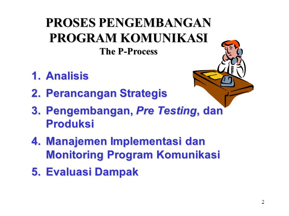 2 PROSES PENGEMBANGAN PROGRAM KOMUNIKASI The P-Process 1.Analisis 2.Perancangan Strategis 3.Pengembangan, Pre Testing, dan Produksi 4.Manajemen Implementasi dan Monitoring Program Komunikasi 5.Evaluasi Dampak