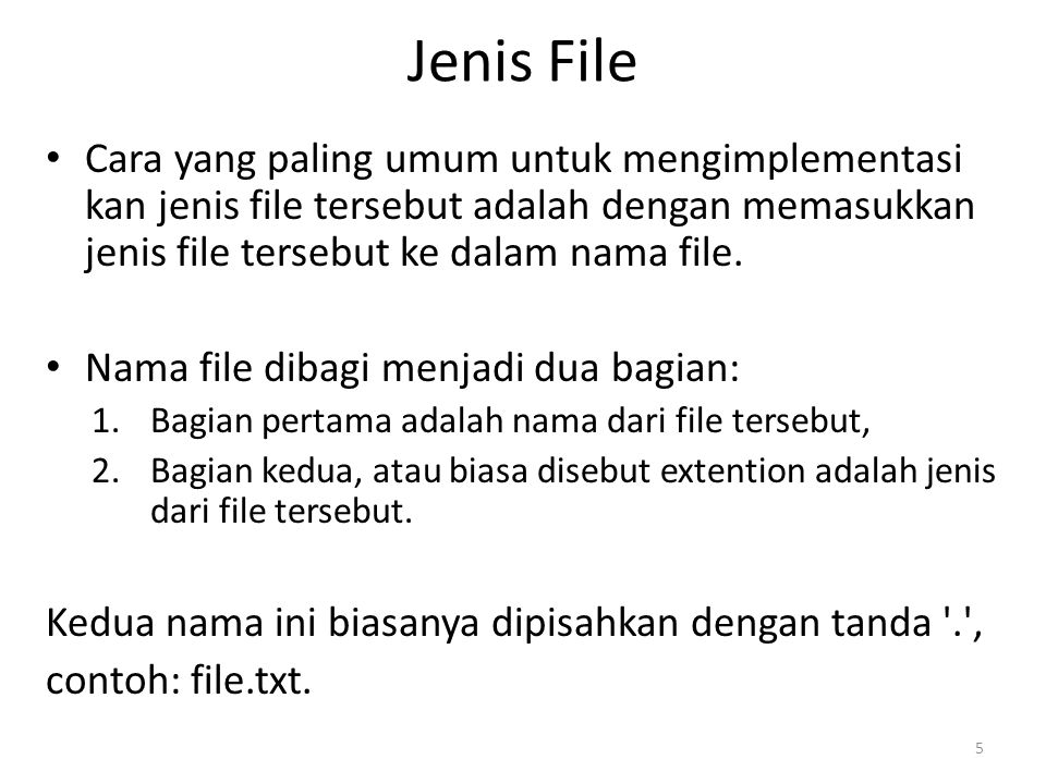 Jenis File Cara yang paling umum untuk mengimplementasi kan jenis file tersebut adalah dengan memasukkan jenis file tersebut ke dalam nama file.