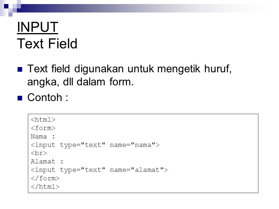 INPUT Text Field Text field digunakan untuk mengetik huruf, angka, dll dalam form.