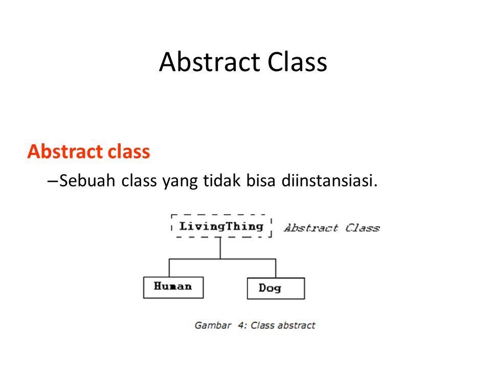 Abstract Class Abstract class – Sebuah class yang tidak bisa diinstansiasi.