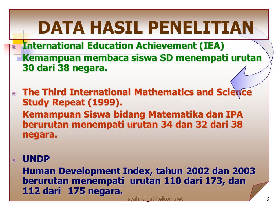 International Education Achievement (IEA) Kemampuan membaca siswa SD menempati urutan 30 dari 38 negara.