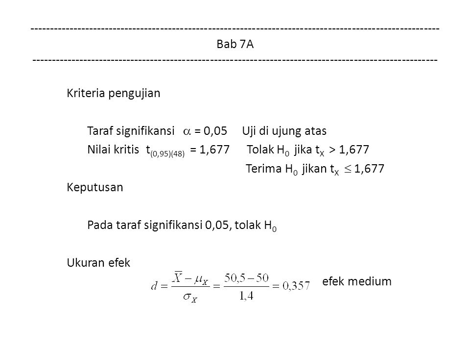 Bab 7A Kriteria pengujian Taraf signifikansi  = 0,05 Uji di ujung atas Nilai kritis t (0,95)(48) = 1,677 Tolak H 0 jika t X > 1,677 Terima H 0 jikan t X  1,677 Keputusan Pada taraf signifikansi 0,05, tolak H 0 Ukuran efek efek medium