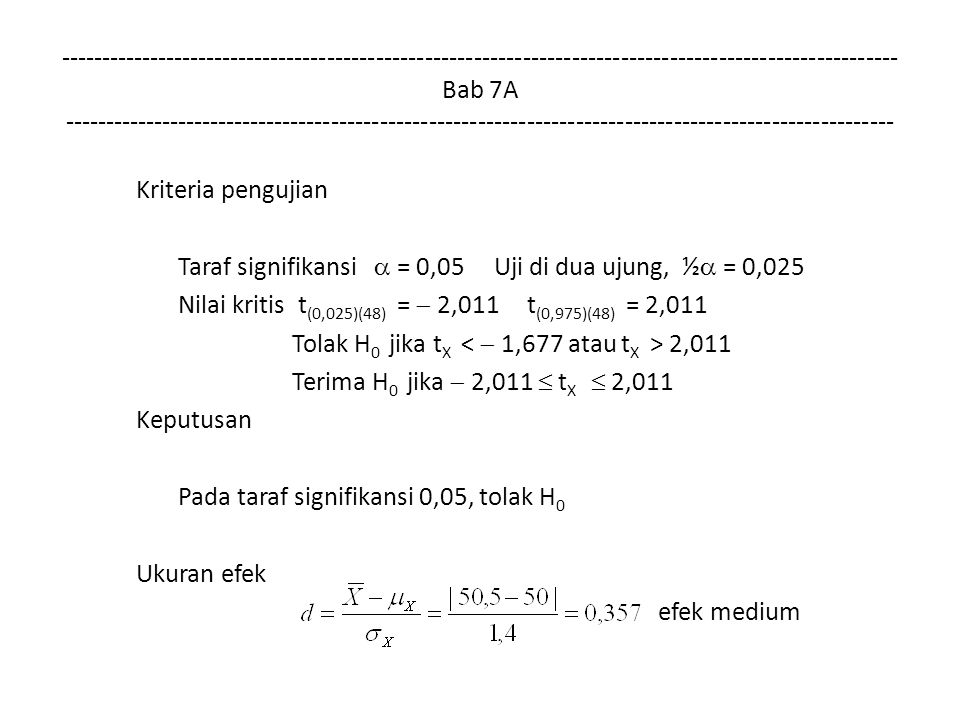 Bab 7A Kriteria pengujian Taraf signifikansi  = 0,05 Uji di dua ujung, ½  = 0,025 Nilai kritis t (0,025)(48) =  2,011 t (0,975)(48) = 2,011 Tolak H 0 jika t X 2,011 Terima H 0 jika  2,011  t X  2,011 Keputusan Pada taraf signifikansi 0,05, tolak H 0 Ukuran efek efek medium