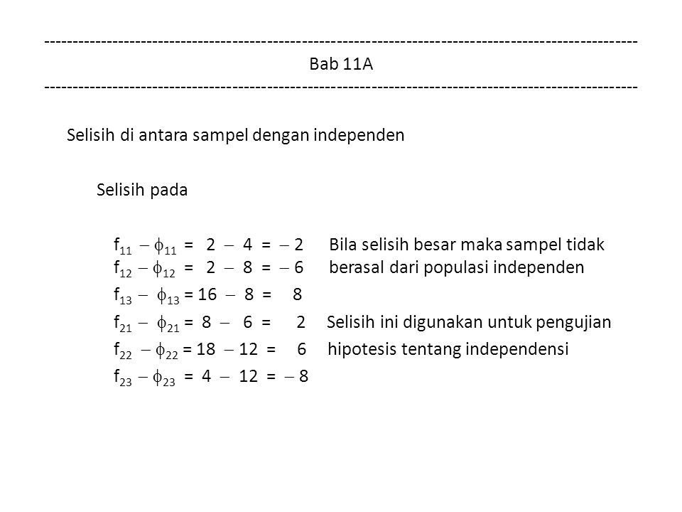 Bab 11A Selisih di antara sampel dengan independen Selisih pada f 11   11 = 2  4 =  2 Bila selisih besar maka sampel tidak f 12   12 = 2  8 =  6 berasal dari populasi independen f 13   13 = 16  8 = 8 f 21   21 = 8  6 = 2 Selisih ini digunakan untuk pengujian f 22   22 = 18  12 = 6 hipotesis tentang independensi f 23   23 = 4  12 =  8