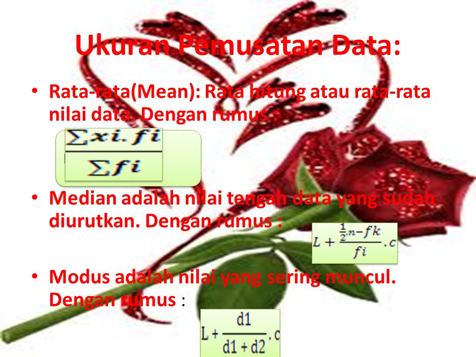 Mean = Ukuran Pemusatan Data: Rata-rata(Mean): Rata hitung atau rata-rata nilai data.