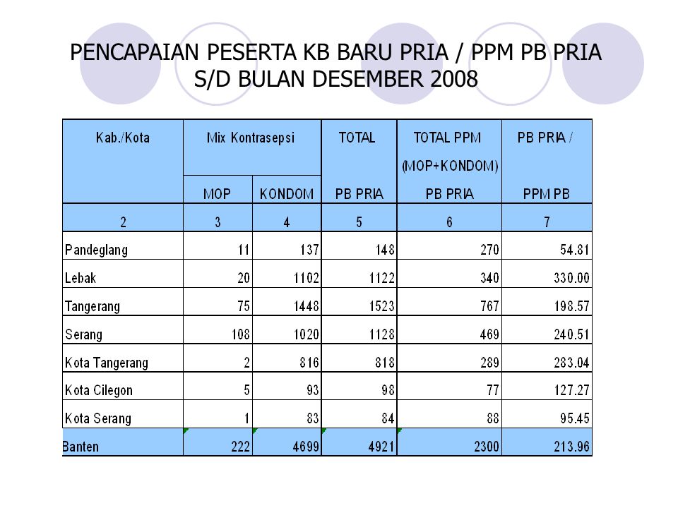 PENCAPAIAN PESERTA KB BARU PRIA / PPM PB PRIA S/D BULAN DESEMBER 2008