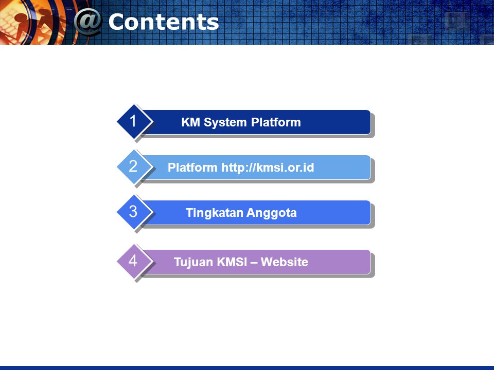 Contents KM System Platform 1 Platform   2 Tingkatan Anggota 3 Tujuan KMSI – Website 4