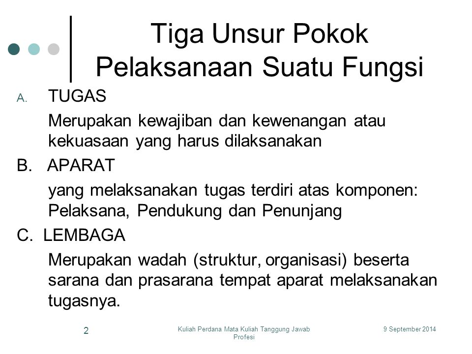 9 September 2014Kuliah Perdana Mata Kuliah Tanggung Jawab Profesi 2 Tiga Unsur Pokok Pelaksanaan Suatu Fungsi A.