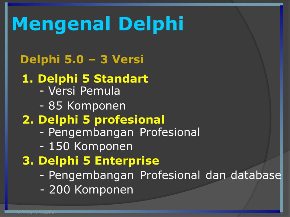 Mengenal Delphi 9/12/2014 2:00:42 PM9 Delphi 5.0 – 3 Versi 1.
