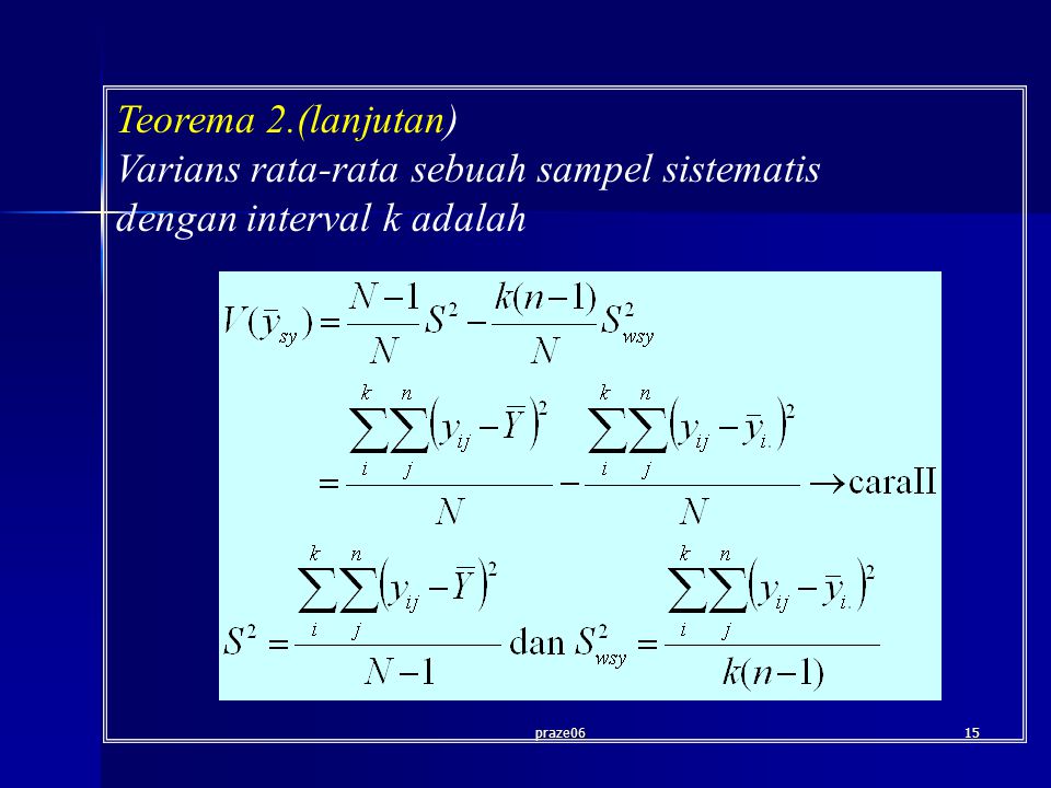 praze0615 Teorema 2.(lanjutan) Varians rata-rata sebuah sampel sistematis dengan interval k adalah