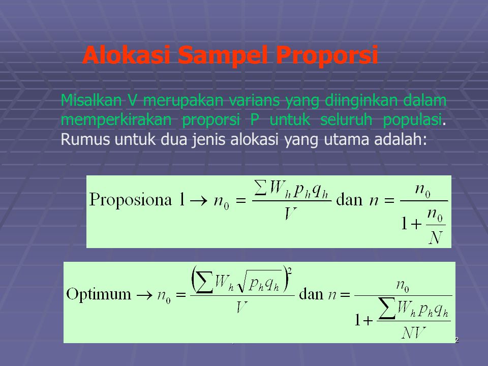 praze0632 Alokasi Sampel Proporsi Misalkan V merupakan varians yang diinginkan dalam memperkirakan proporsi P untuk seluruh populasi.