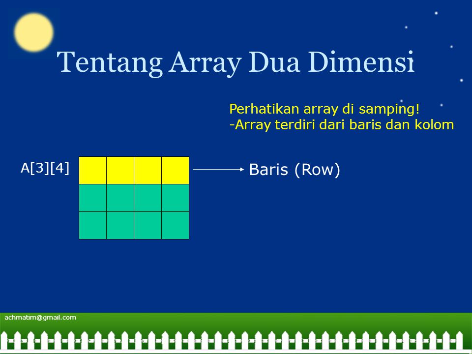 Tentang Array Dua Dimensi A[3][4] Baris (Row) Perhatikan array di samping.