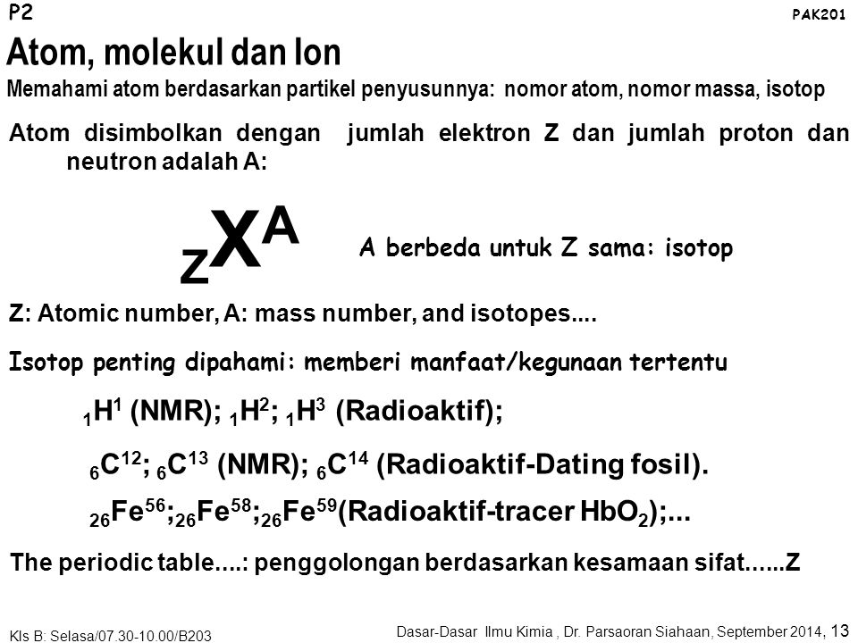 elektonJumlah e: Z, nomor atom Proton, neutronJumlah p+n: A, nomor massa Z: Pengidentifikasi unsur P2 PAK201 Atom, molekul dan Ion Memahami atom berdasarkan partikel penyusunnya: nomor atom, nomor massa, isotop Elektron: muatan negatip; proton: positip; neutron: netral; ketiganya mempunyai massa.