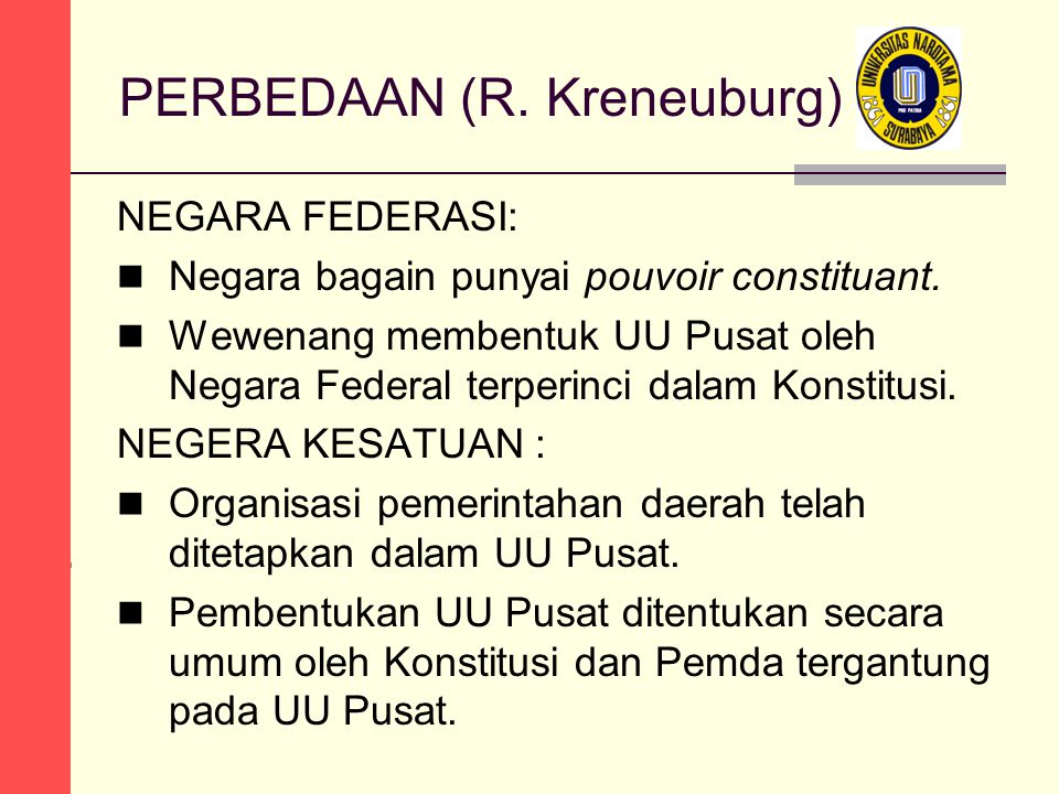 PERBEDAAN (R. Kreneuburg) NEGARA FEDERASI: Negara bagain punyai pouvoir constituant.