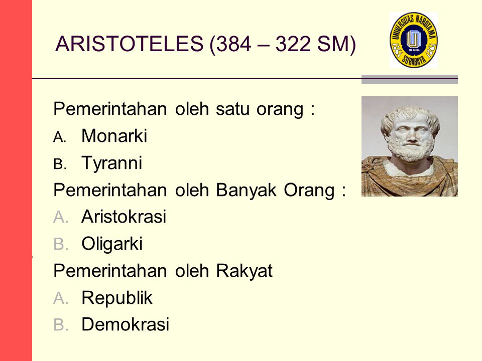ARISTOTELES (384 – 322 SM) Pemerintahan oleh satu orang : A.