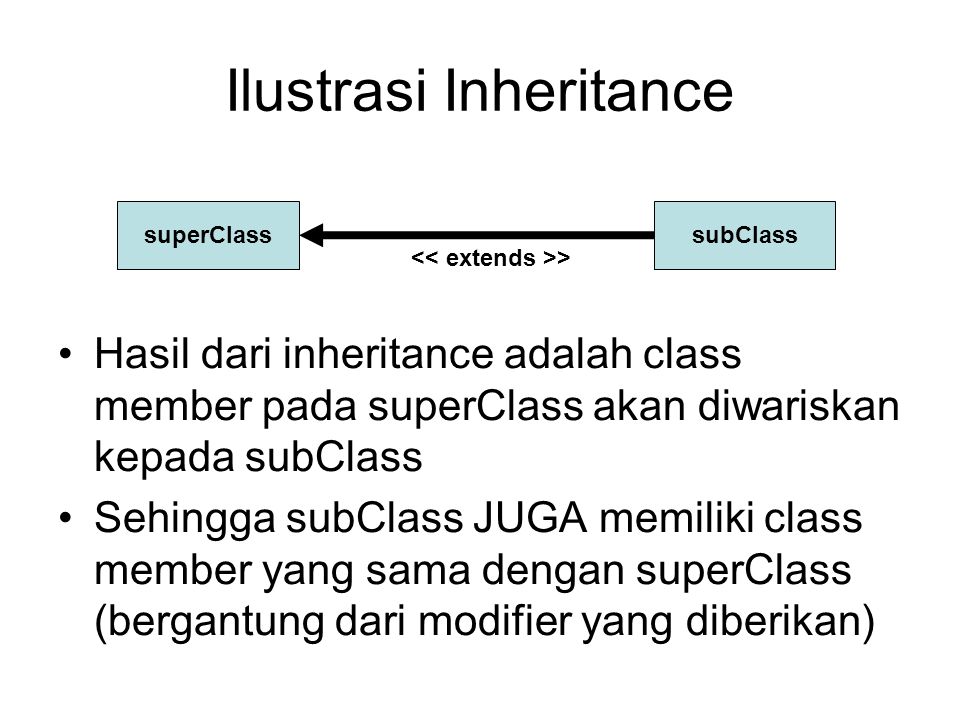 Ilustrasi Inheritance subClass superClass > Hasil dari inheritance adalah class member pada superClass akan diwariskan kepada subClass Sehingga subClass JUGA memiliki class member yang sama dengan superClass (bergantung dari modifier yang diberikan)