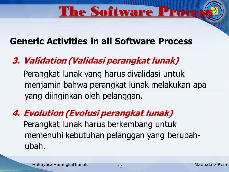 Madhata,S.KomRekayasa Perangkat Lunak 14 3.Validation (Validasi perangkat lunak) Perangkat lunak yang harus divalidasi untuk menjamin bahwa perangkat lunak melakukan apa yang diinginkan oleh pelanggan.