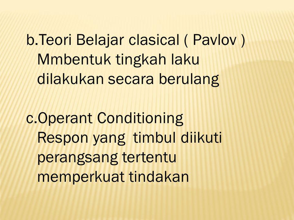 b.Teori Belajar clasical ( Pavlov ) Mmbentuk tingkah laku dilakukan secara berulang c.Operant Conditioning Respon yang timbul diikuti perangsang tertentu memperkuat tindakan