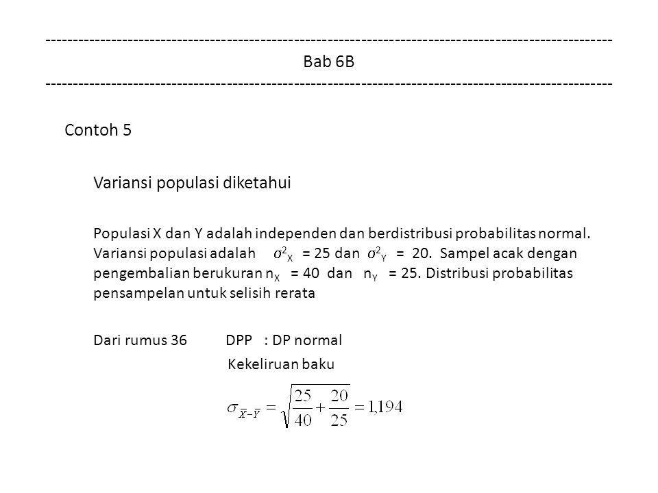 Bab 6B Contoh 5 Variansi populasi diketahui Populasi X dan Y adalah independen dan berdistribusi probabilitas normal.
