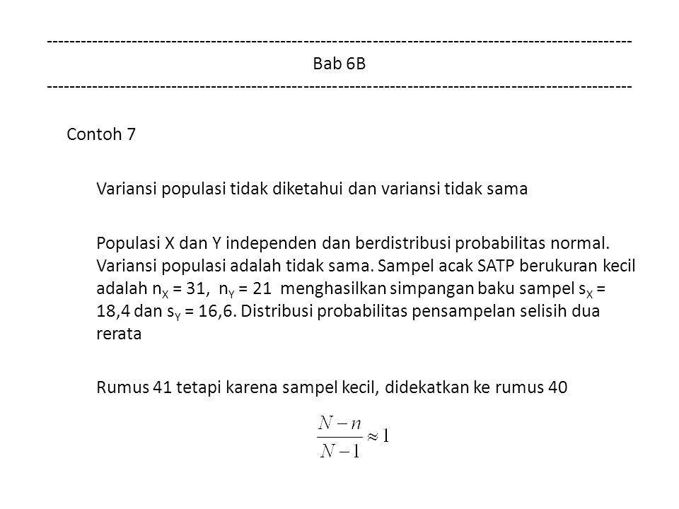 Bab 6B Contoh 7 Variansi populasi tidak diketahui dan variansi tidak sama Populasi X dan Y independen dan berdistribusi probabilitas normal.