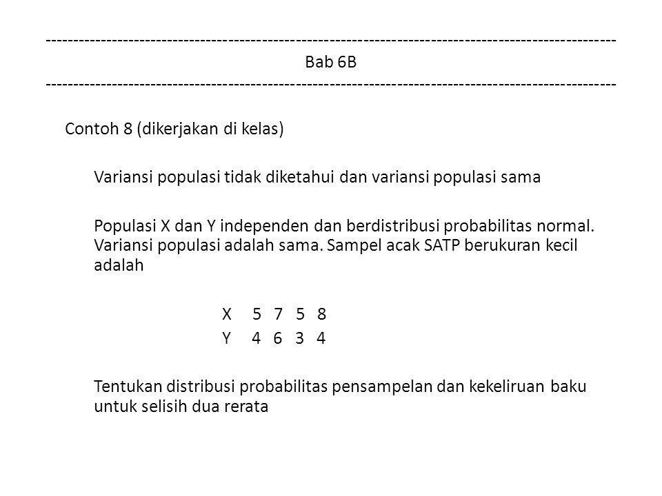 Bab 6B Contoh 8 (dikerjakan di kelas) Variansi populasi tidak diketahui dan variansi populasi sama Populasi X dan Y independen dan berdistribusi probabilitas normal.