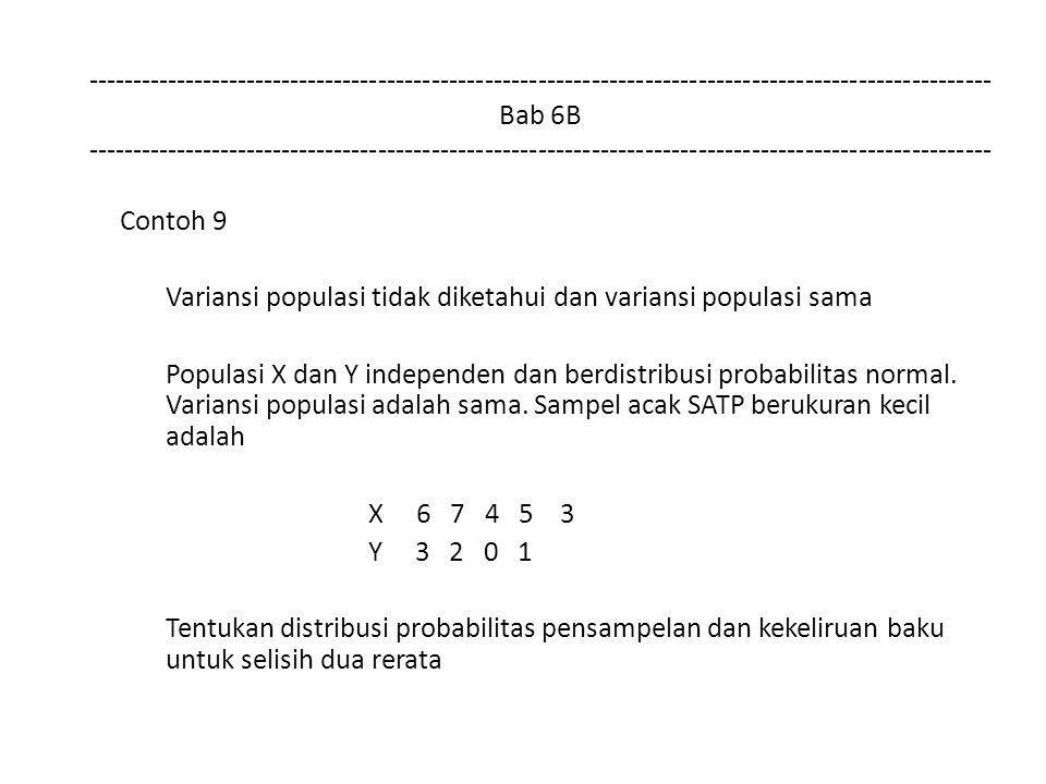 Bab 6B Contoh 9 Variansi populasi tidak diketahui dan variansi populasi sama Populasi X dan Y independen dan berdistribusi probabilitas normal.