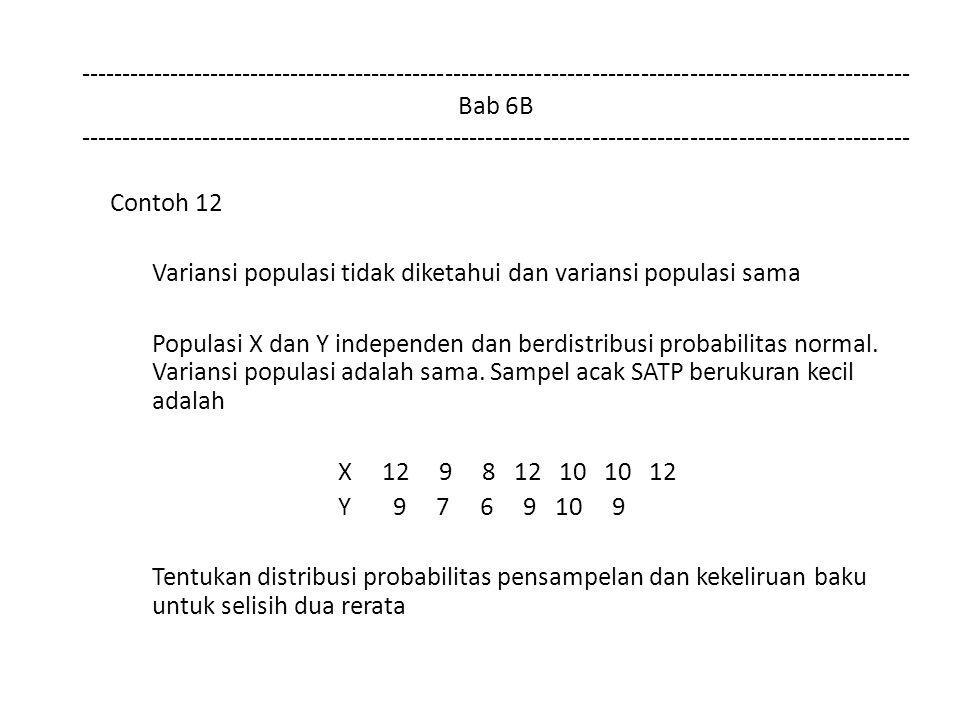 Bab 6B Contoh 12 Variansi populasi tidak diketahui dan variansi populasi sama Populasi X dan Y independen dan berdistribusi probabilitas normal.