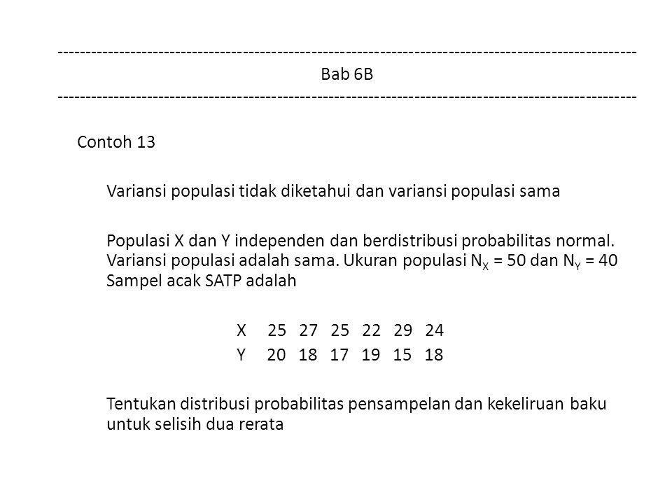 Bab 6B Contoh 13 Variansi populasi tidak diketahui dan variansi populasi sama Populasi X dan Y independen dan berdistribusi probabilitas normal.