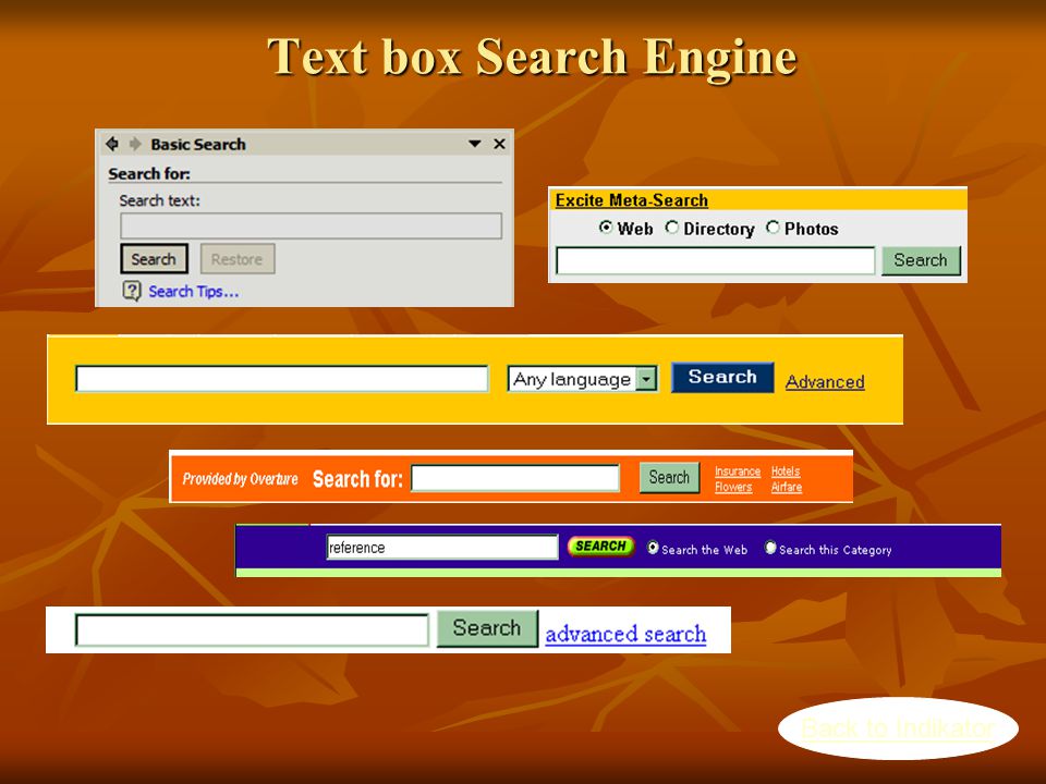 Text box Search Engine Back to Indikator